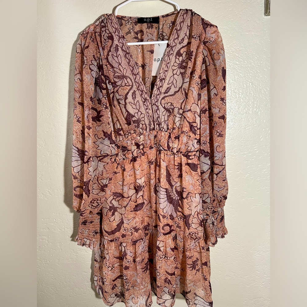 Anthro O.P.T one pretty time floral boho long sleeve v-neck mini dress size M